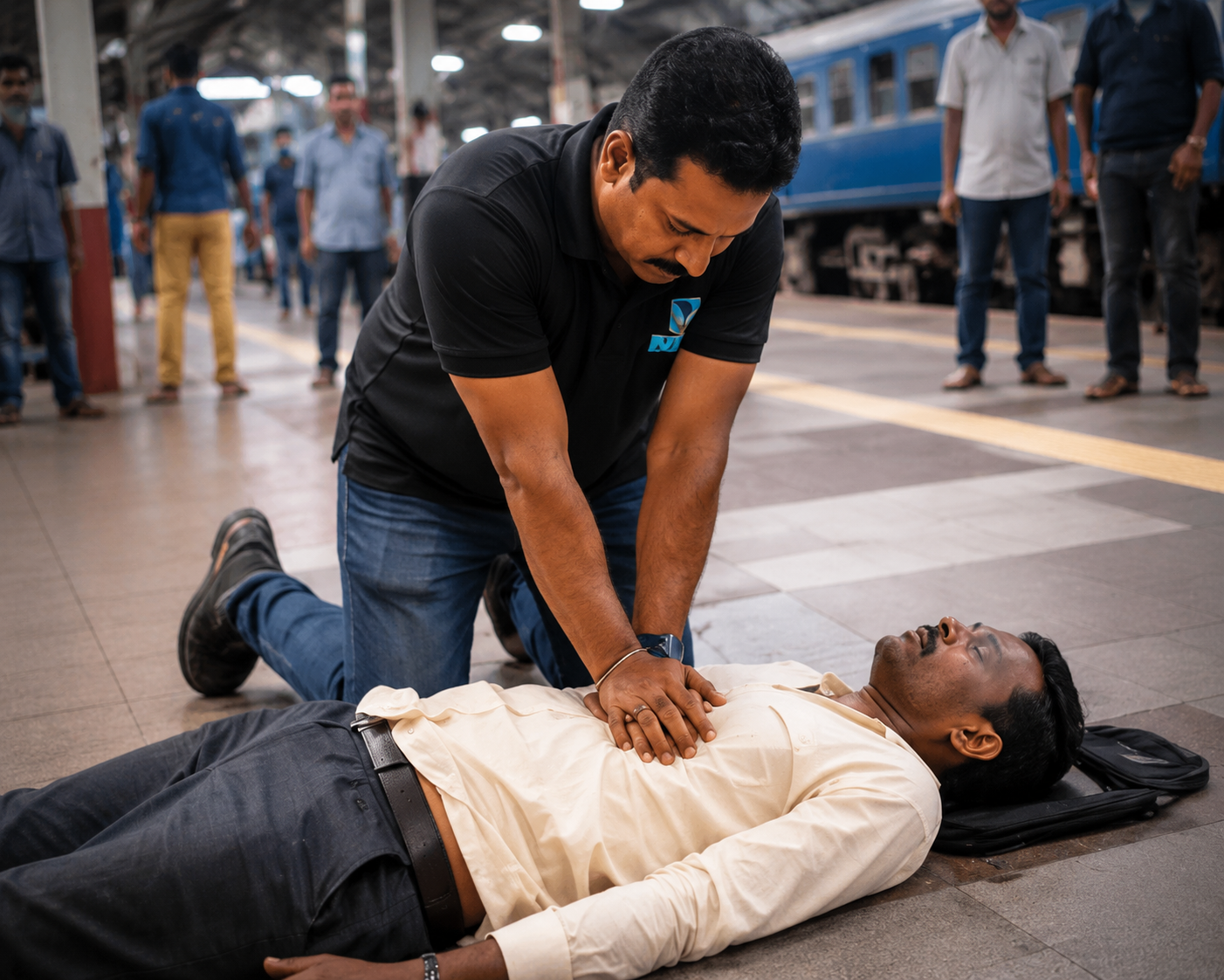 Trained first responder performing CPR on a collapsed passenger at a railway station, demonstrating how immediate lifesaving action can restore hope and save lives during a cardiac emergency.